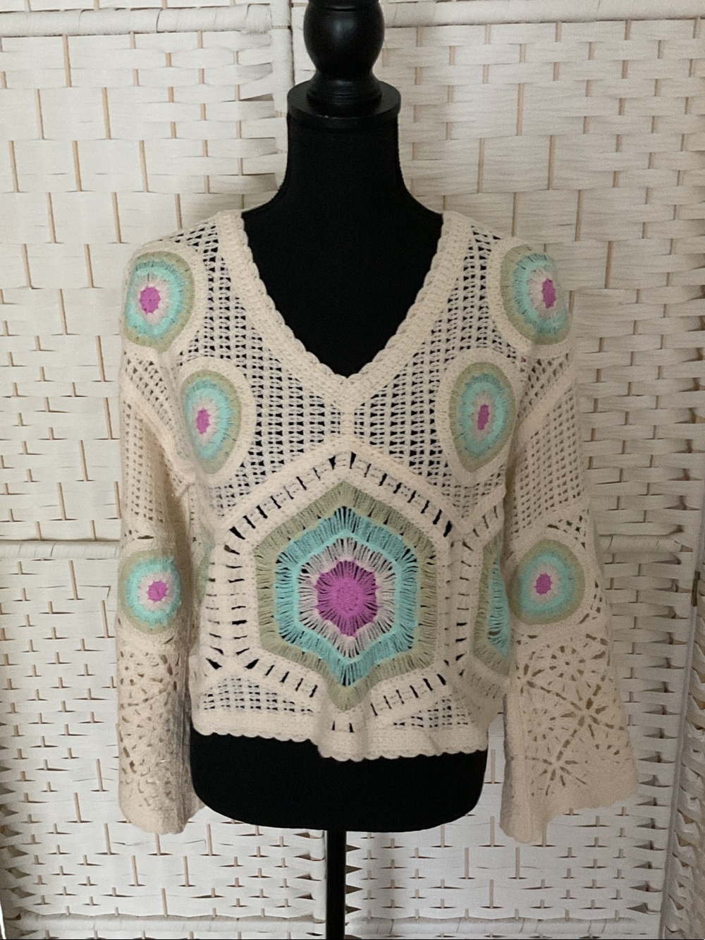Crochet V-Neck Floral Motif Sweater - Cream with Pastel Accents